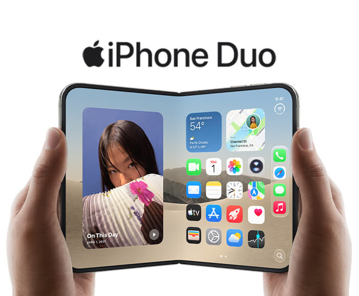 Foldable iPhone Duo with two screens enabling multitasking and app usage on an expanded display