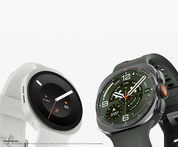 Two Samsung smartwatches with fitness and time features, one with a round display and white strap, the other with a green strap
