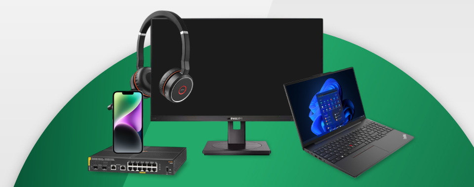 Image of different peripherals such as monitor, laptop, headset and smartphone