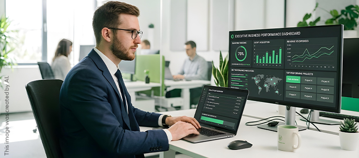 A man in a business suit is working on a laptop in an office
