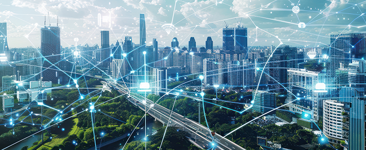 A view of the smart city with the internet network over it