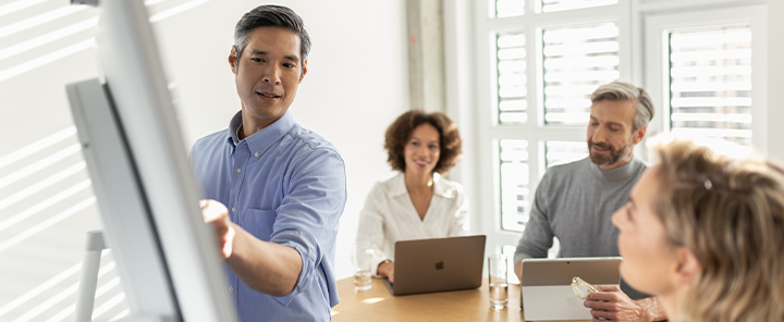 4 Personen schauen auf das Flipchart