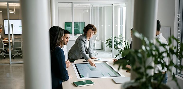 Three people are working in an office on a big screen