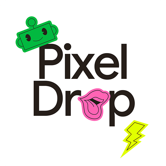 Verspieltes Logo mit Schriftzug Pixel Drop und bunten Symbolen wie Roboterkopf, Lippen und Blitz