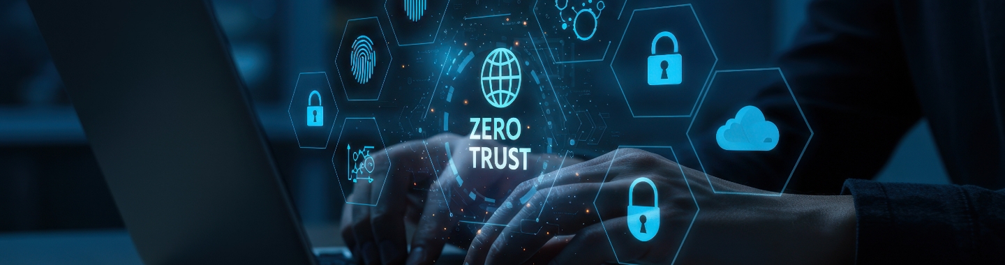 Zero-Trust-Sicherheitskonzept mit Laptop und digitalen Symbolen wie Cloud, Schloss und Fingerabdruck