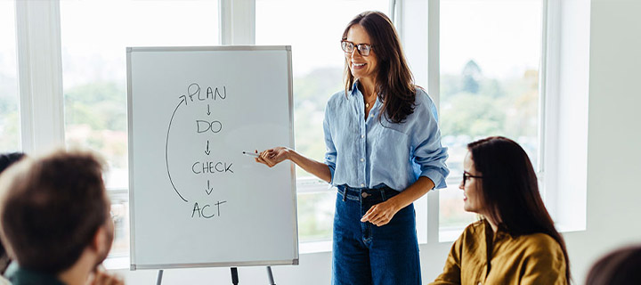 woman pointing at whiteboard infront of her colleagues