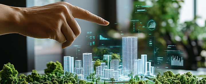 A hand controls a smart building on a model