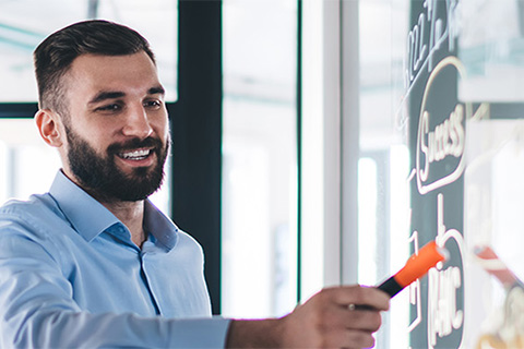 Ein Mann zeigt mit einem Stift auf ein Whiteboard auf dem eine Mindmap zu sehen ist.