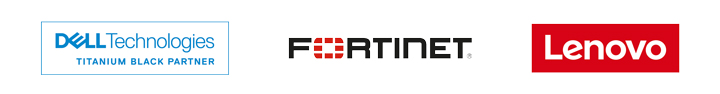 Logos Dell Technologies, Fortinet, Lenovo