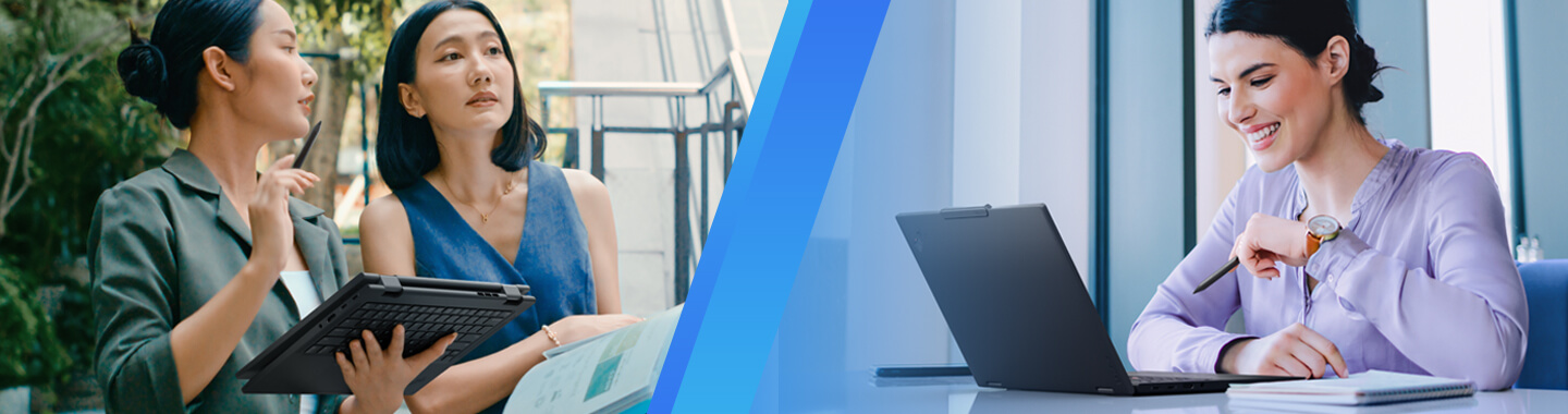 Three businesswomen are working on a Lenovo laptop, shown in two different business settings.