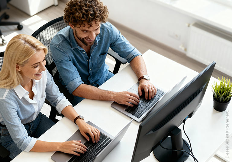 Ein Mann und eine Frau schauen glücklich in ihre Laptops.