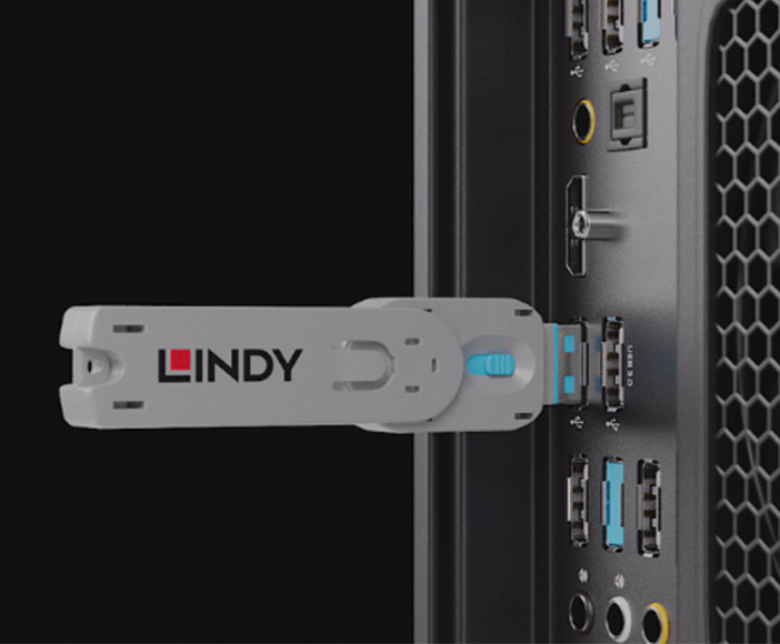 USB-Stick von Lindy in USB-Anschluss eines Desktop-Computers für Datenspeicherung und Übertragung