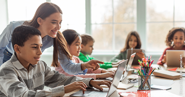 Eine lächelnde Lehrerin hilft einem Schüler, der an einem Laptop arbeitet.
