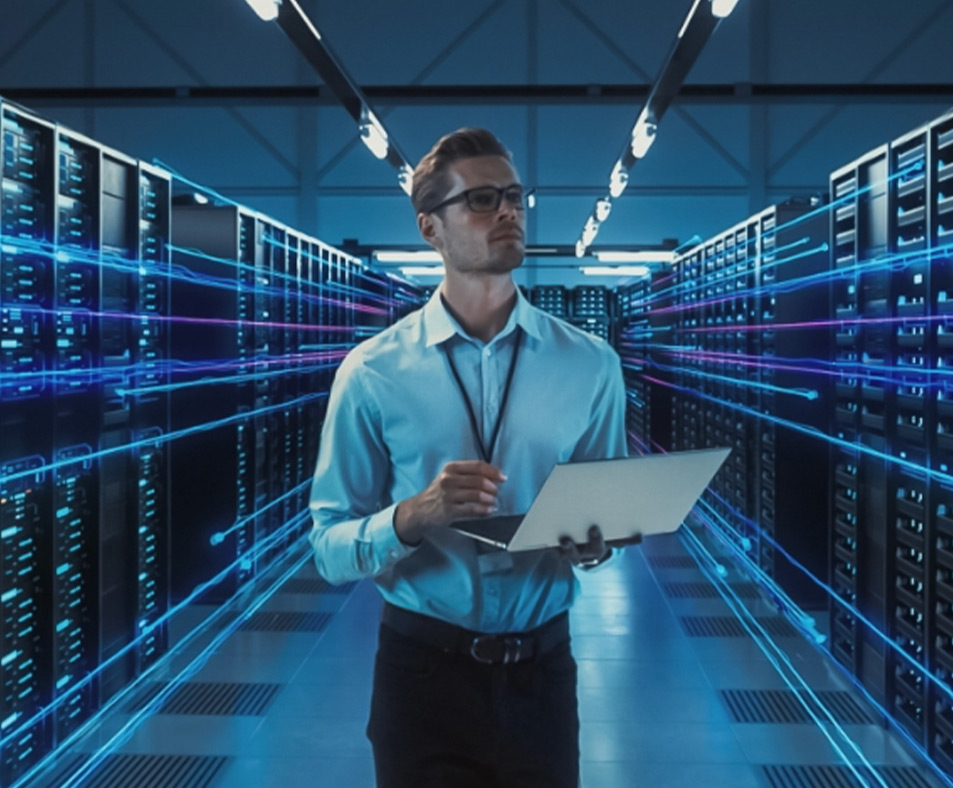 Referenz erfal Mann im Serverraum mit Laptop