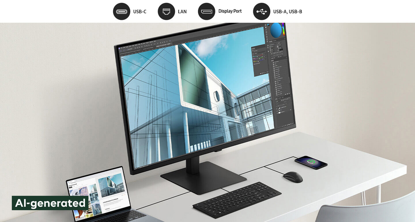 Desk with a monitor, laptop, keyboard, mouse, and cell phone