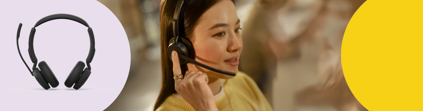 Jabra Evolve3 45: A woman wearing a Jabra headset with a microphone, with a product image of the headset next to her.