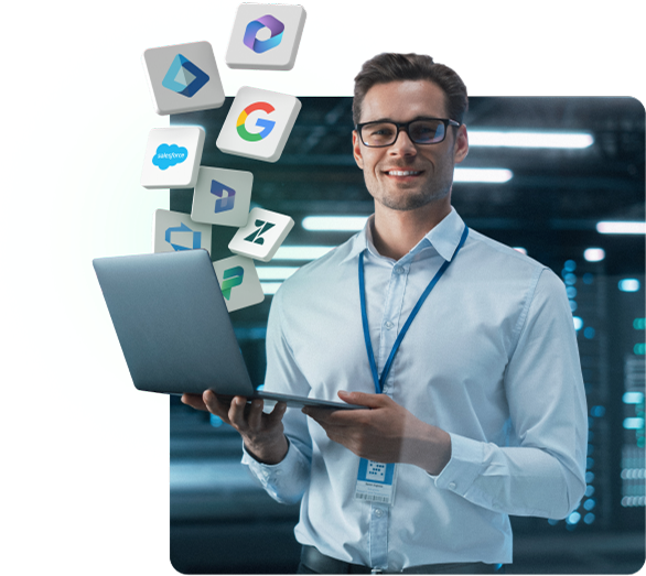 A man holding a laptop, with logos from various programmes flying out of his hand