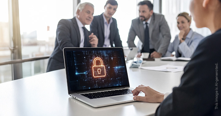 meeting with laptop and security lock at the screen