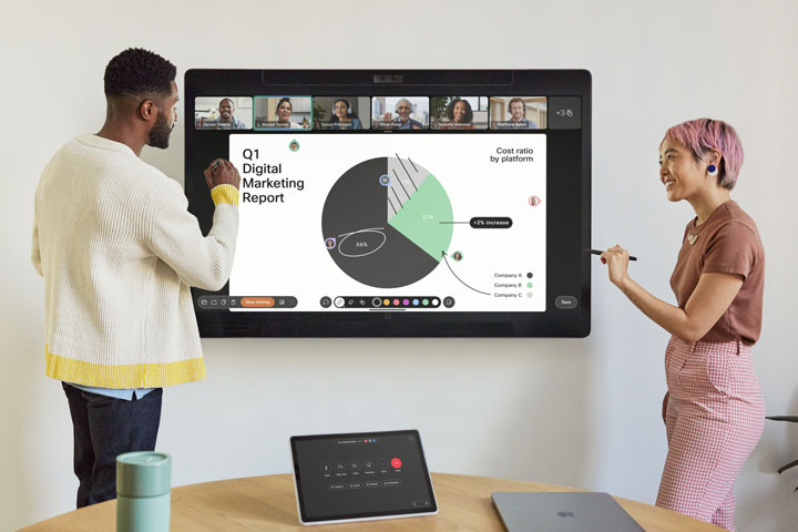 Two people meeting and using a Cisco Board Pro G3