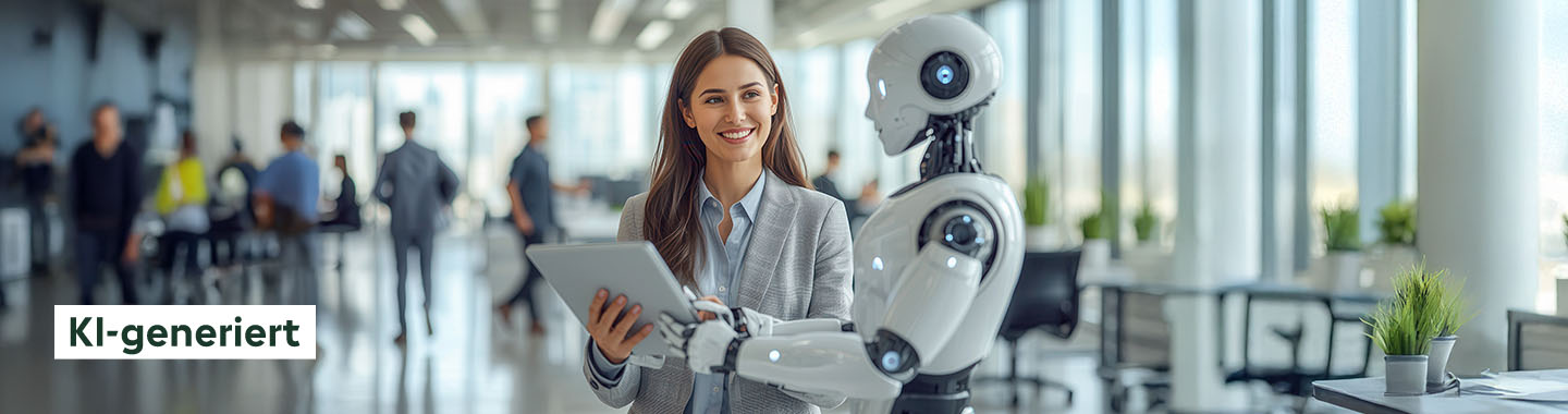 Eine glückliche Frau unterhält sich in einem Büro mit einem Roboter.