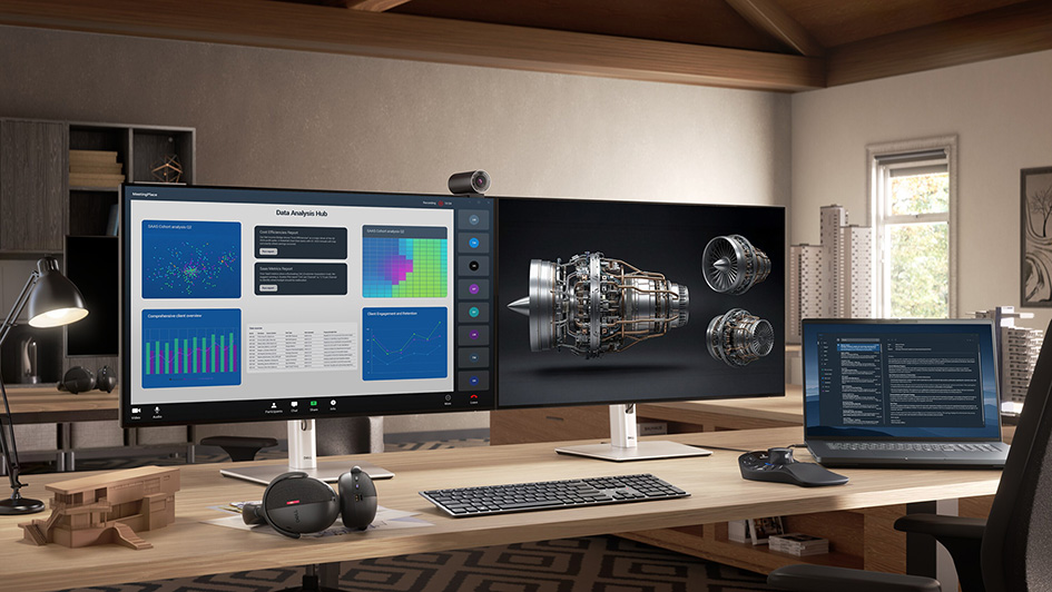 Modern workspace with two  Dell monitors displaying data analysis and technical 3D visualization in a home office