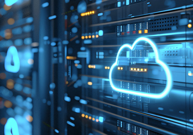 Server room with glowing cloud icon representing private cloud and digital data processing