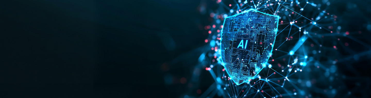 Digital shield with AI symbol surrounded by connected data points representing AI security