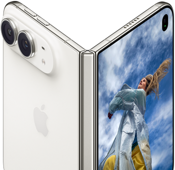 Foldable smartphone with dual cameras and large display showing an outdoor portrait