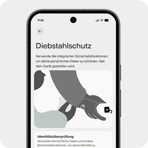 Smartphone-Bildschirm zeigt Diebstahlschutz mit Sicherheitshinweis zur Nutzung integrierter Funktionen zum Schutz persönlicher Daten