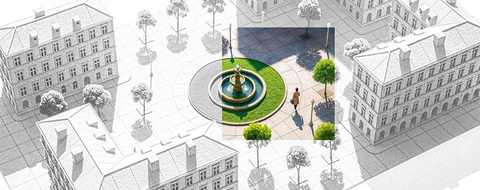 Rendering einer Stadtplanung