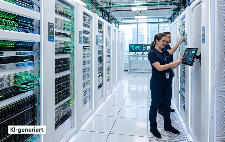 Zwei Frauen arbeiten in einem Serverraum.