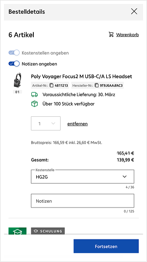 Dialogfenster Bestelldetails
