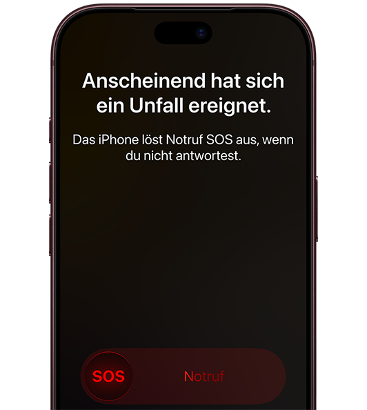iPhone-Bildschirm zeigt automatische Notruf-SOS-Funktion nach erkanntem Unfall mit Stopp-Option