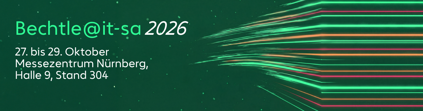 This banner for the event page of Bechtle’s IT-SA trade fair stand features the title “bechtle@it-sa 2026” in light green and white text, and the event details “27–29 October, Nuremberg Exhibition Centre, Hall 9, Stand 304” in white text. The background is dark green with light green speckles. In the right-hand third of the banner, light green, pink and orange lines create an interesting visual contrast.