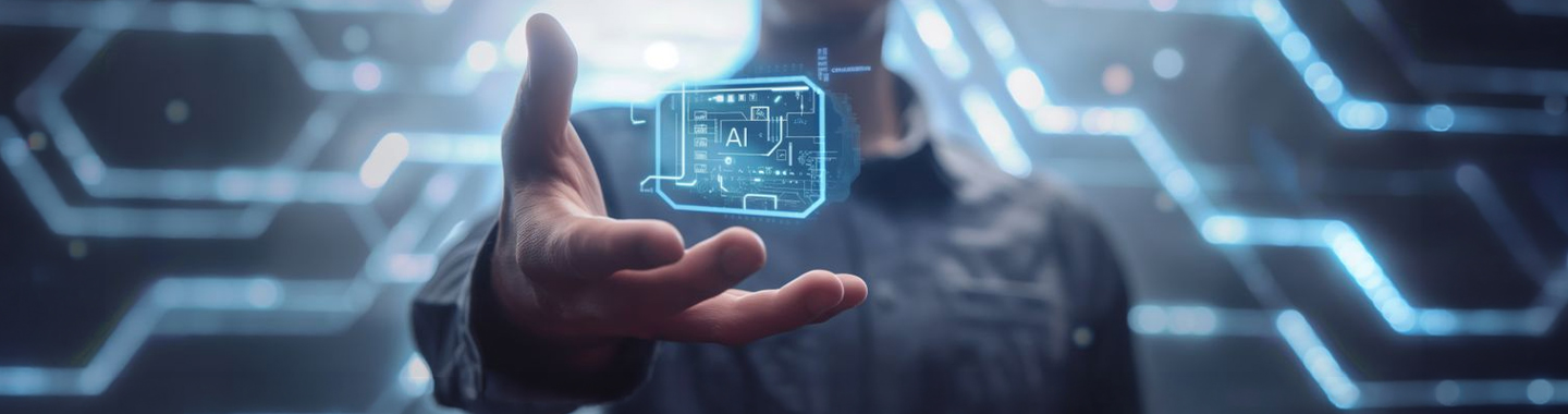 Man holds his hand open and a AI icon is flying in it.