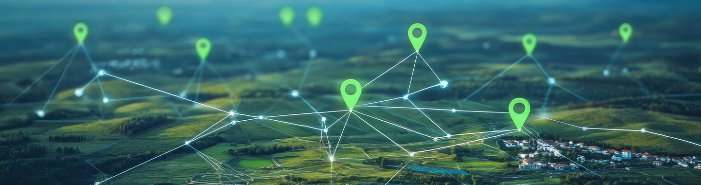 Luftaufnahme einer Stadt mit einem virtuellen Netzwerk darüber