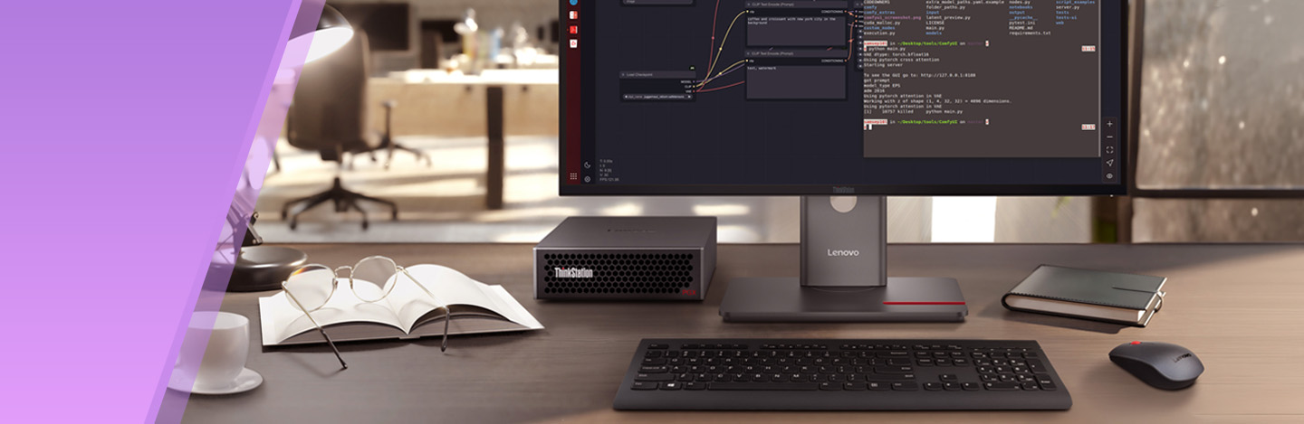 Auf dem Schreibtisch steht eine Lenovo ThinkStation PGX Workstation.