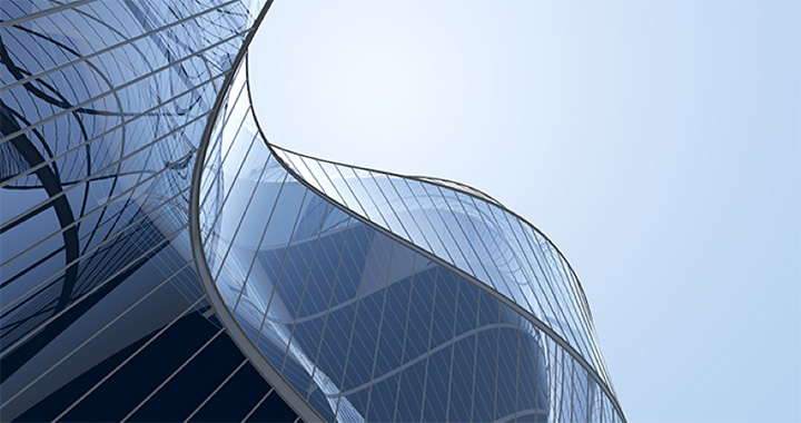 Modern curved glass architecture symbolizing innovation and transparency.