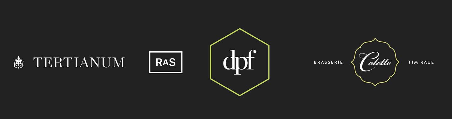 Schwarzer Hintergrund mit TERTIANUM, RAS, dpf und Brasserie Collette Tim Raue Logos