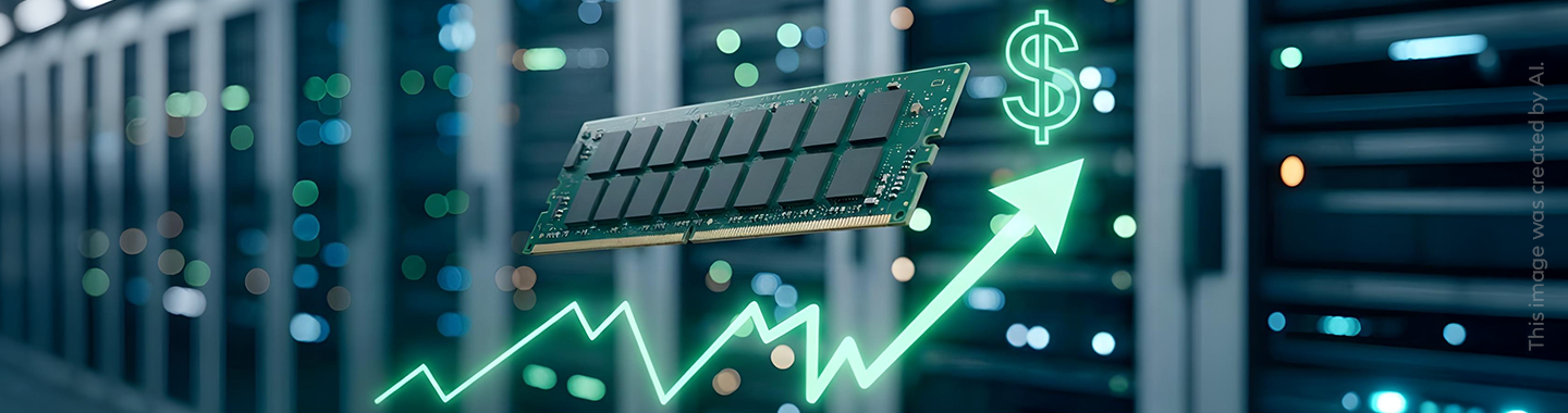 A RAM stick next to a green neon arrow pointing up with a dollar icon, indicating rising memory prices.