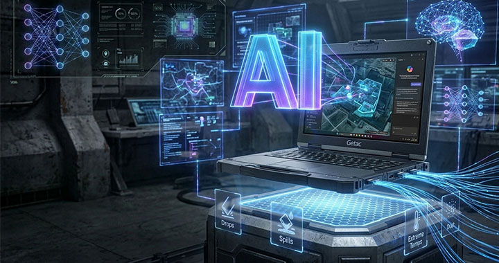 Laptop with holographic AI data visualizations in a futuristic setting illustrating artificial intelligence