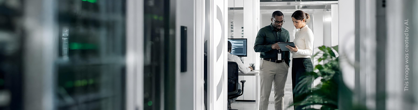 A woman and a man are working on a tablet in a green server room