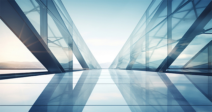 Modern curved glass architecture symbolizing innovation and transparency.