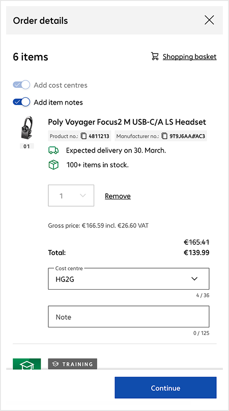 Order Details dialogue box