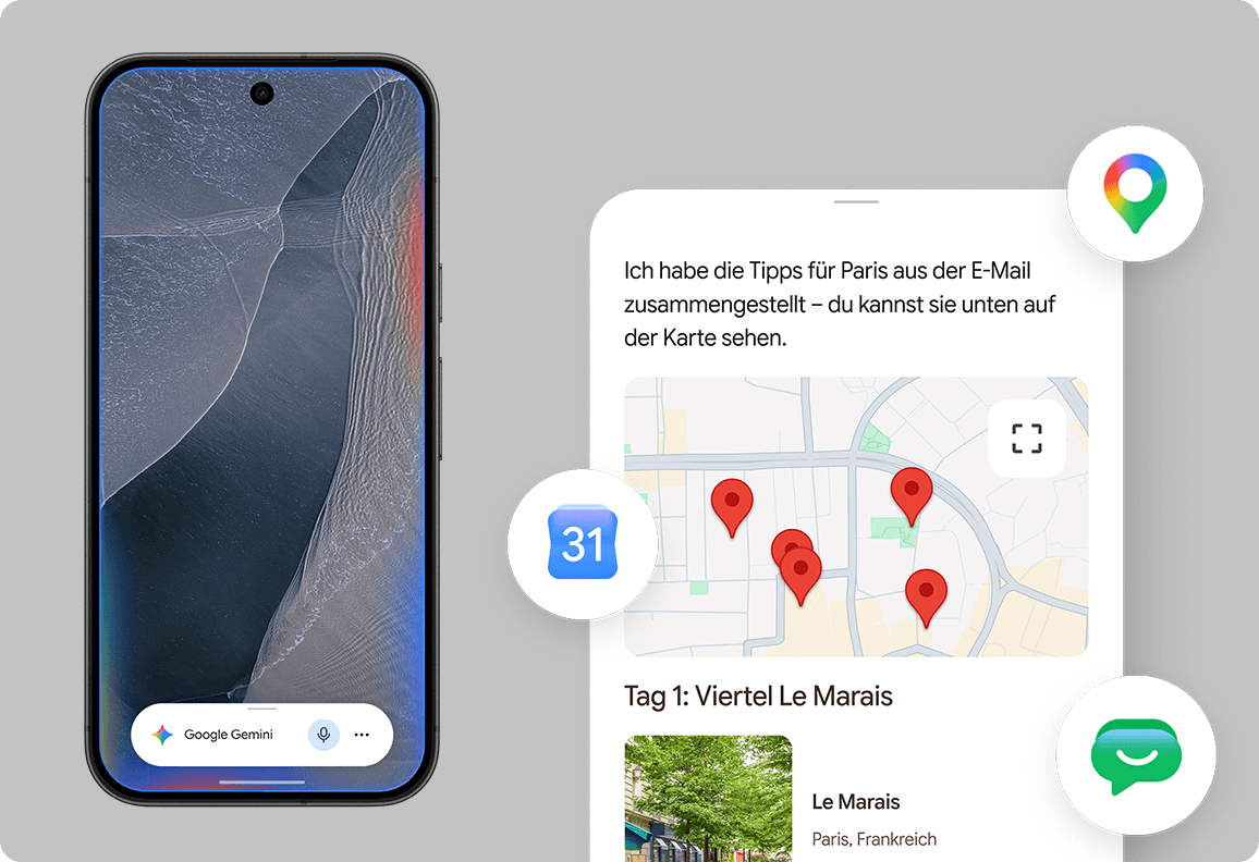 Smartphone mit Google Gemini Sprachassistent und Reiseplanung für Paris mit Karte und Tipps zum Viertel Le Marais
