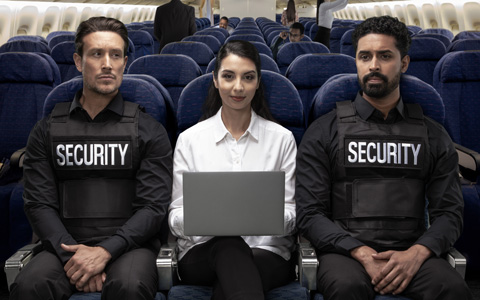 Three people on the airplane