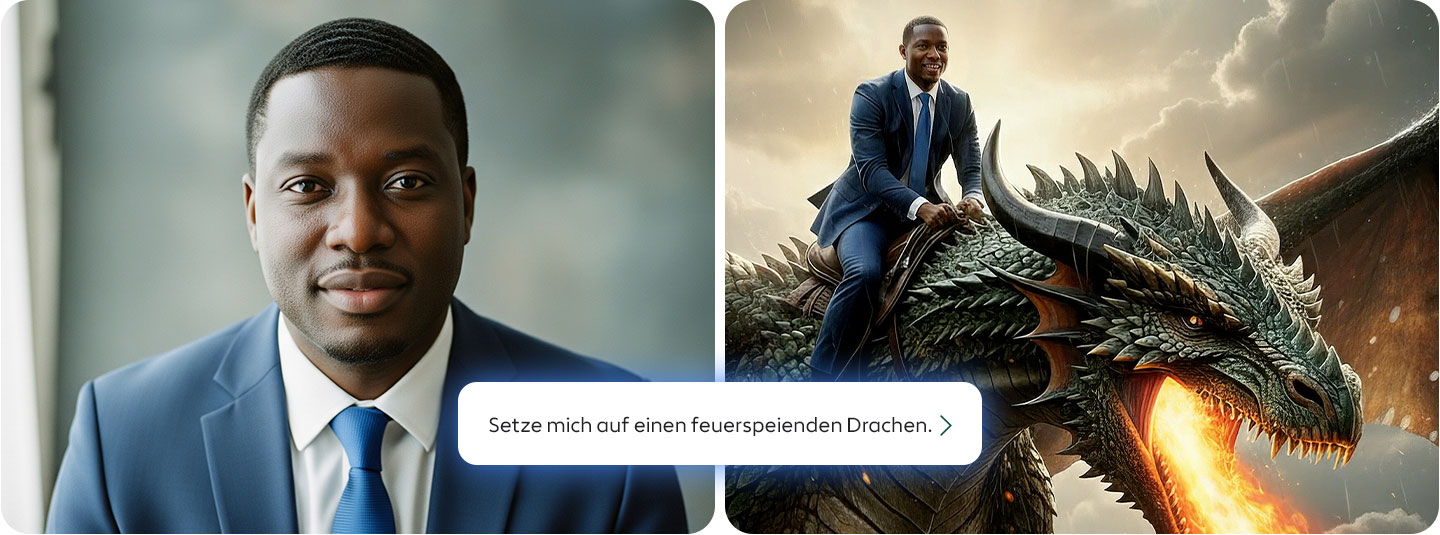 Mann reitet auf einem feuerspeienden Drachen