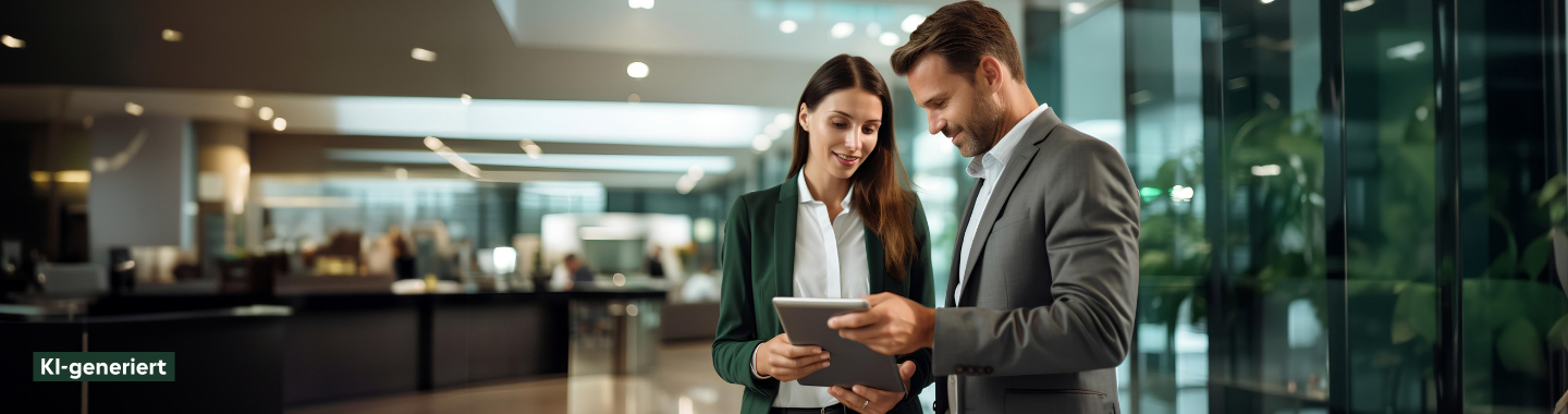 Zwei Personen im modernen Büro nutzen gemeinsam ein Tablet für die Zusammenarbeit und Informationsaustausch