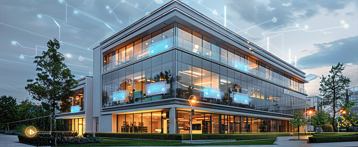 Smart building - offices with a blue internet network over it