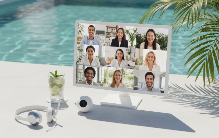 Videokonferenz auf Monitor im Außenbereich am Pool